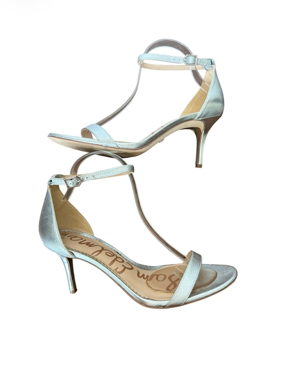 Sam Edelman Silver Metallic T-Strap Heeled Sandals-Size 9.5 Like New - Picture 6 of 11